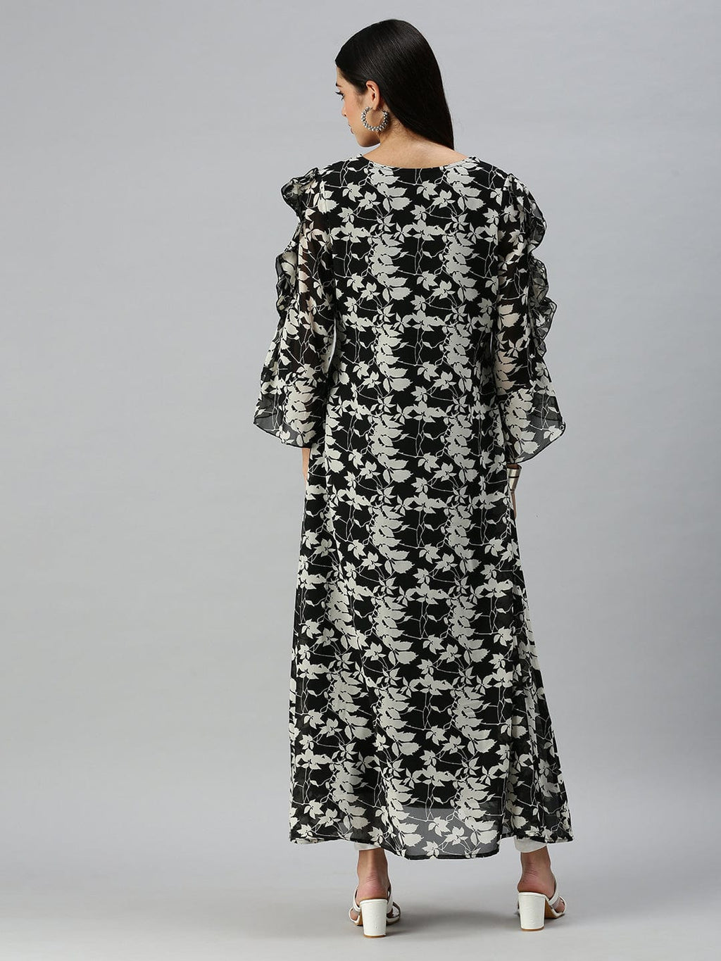 Women's V-Neck Floral Black A-Line Kurta