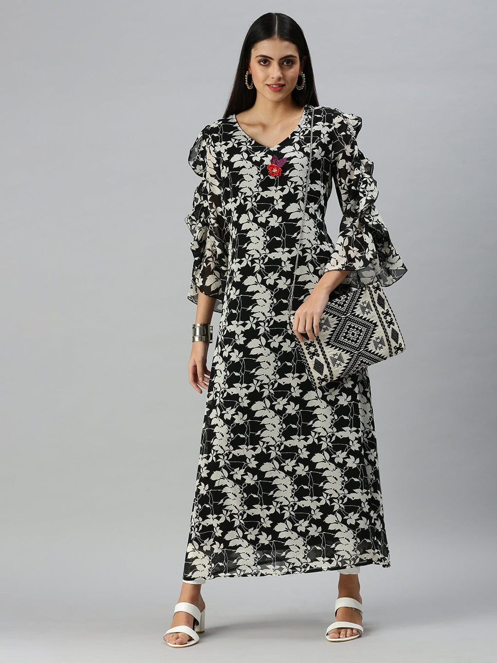 Women's V-Neck Floral Black A-Line Kurta