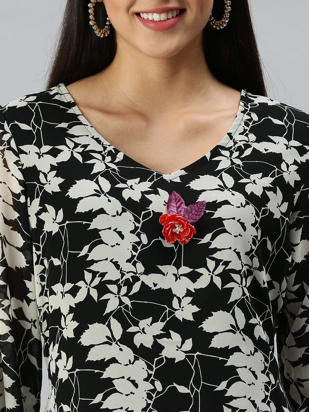 Women's V-Neck Floral Black A-Line Kurta