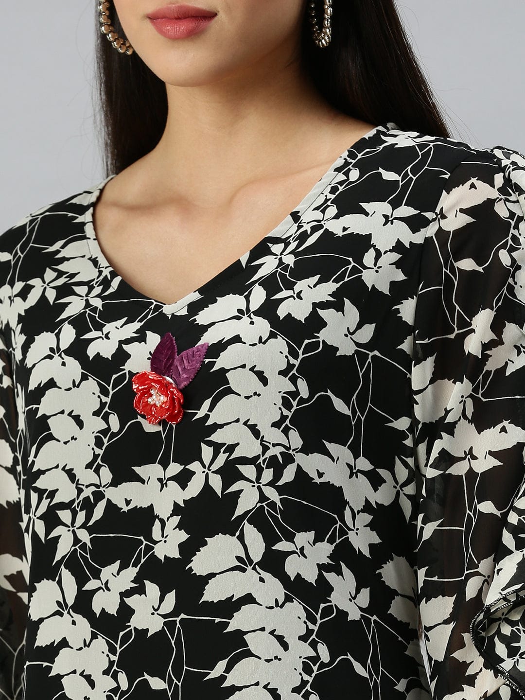 Women's V-Neck Floral Black A-Line Kurta