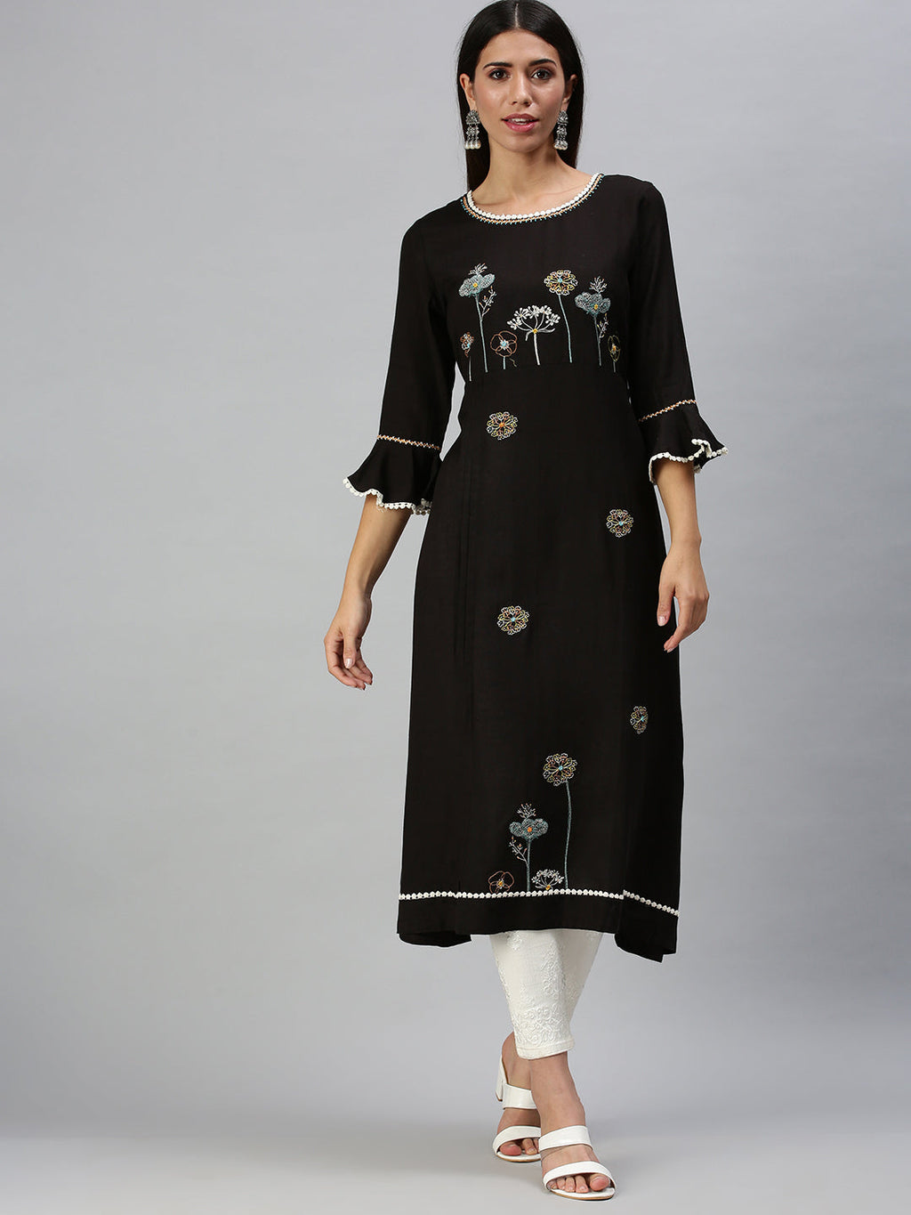 Women's Black Floral Embellished Flared Sleeves A-Line Kurta