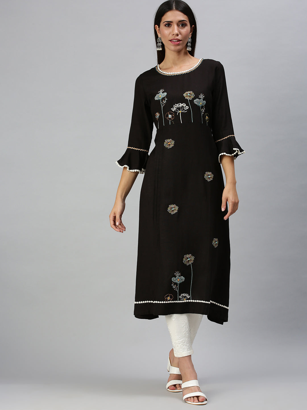 Women's Black Floral Embellished Flared Sleeves A-Line Kurta
