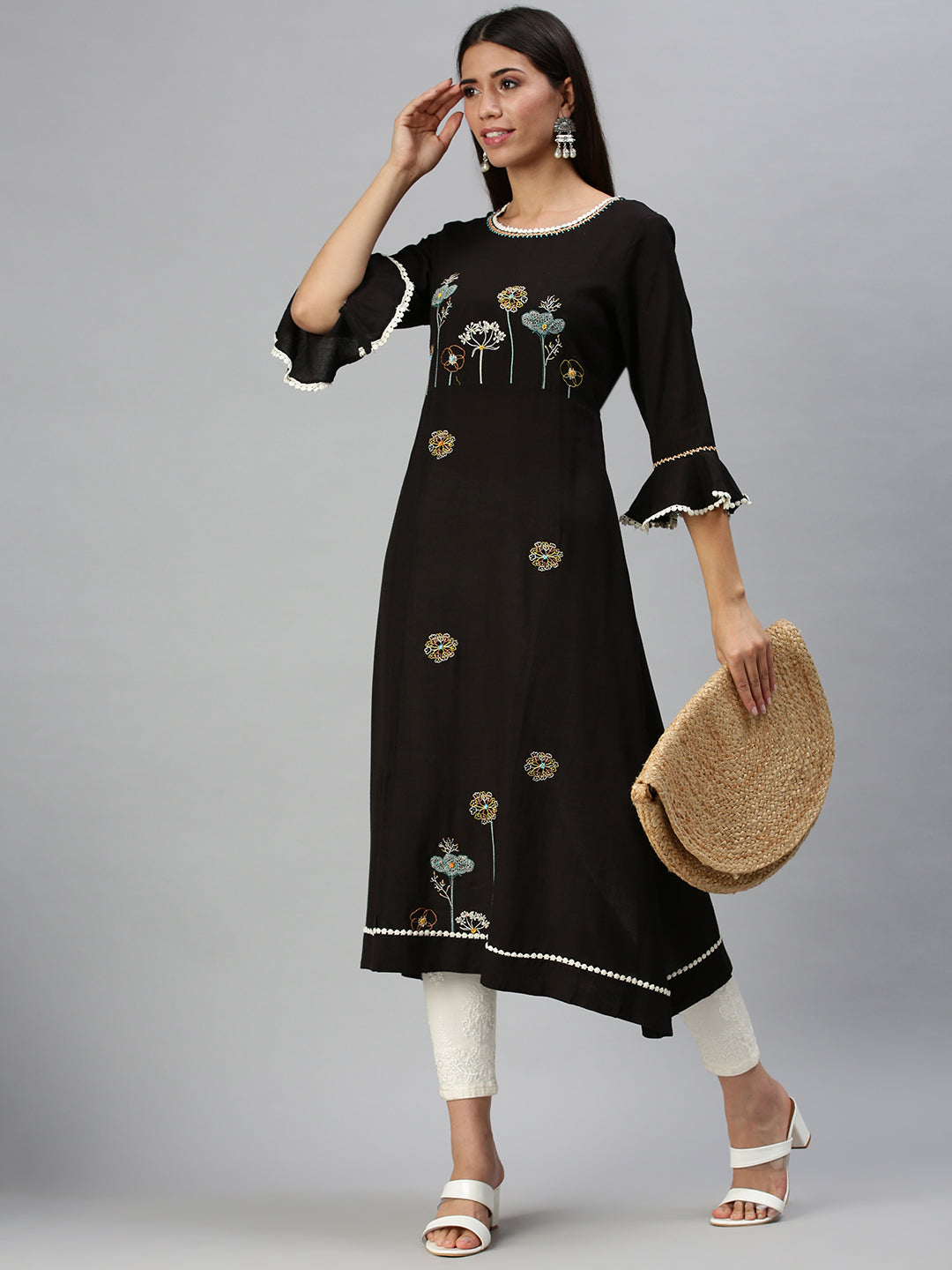 Women's Black Floral Embellished Flared Sleeves A-Line Kurta