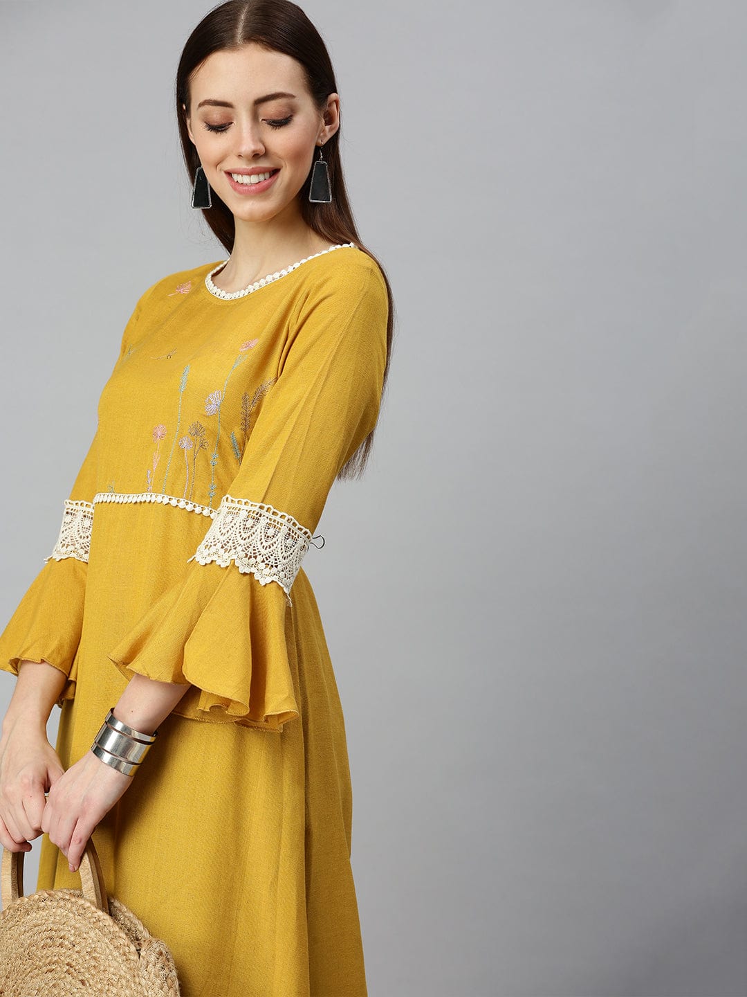 Women's Yoke Design Mustard A-Line Kurta