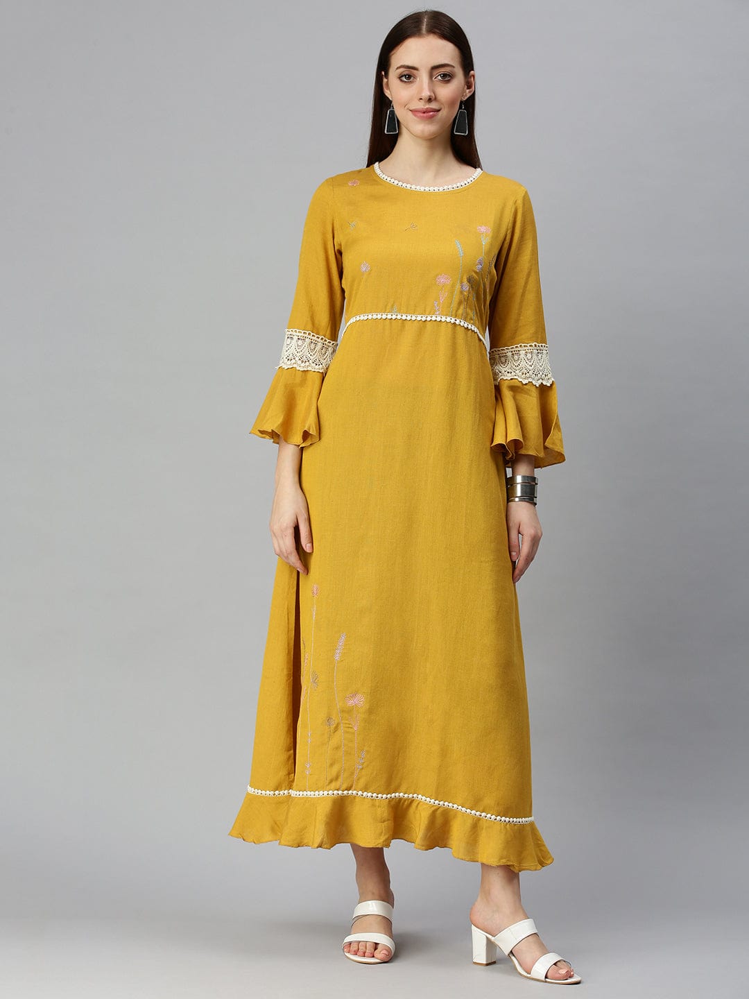 Women's Yoke Design Mustard A-Line Kurta