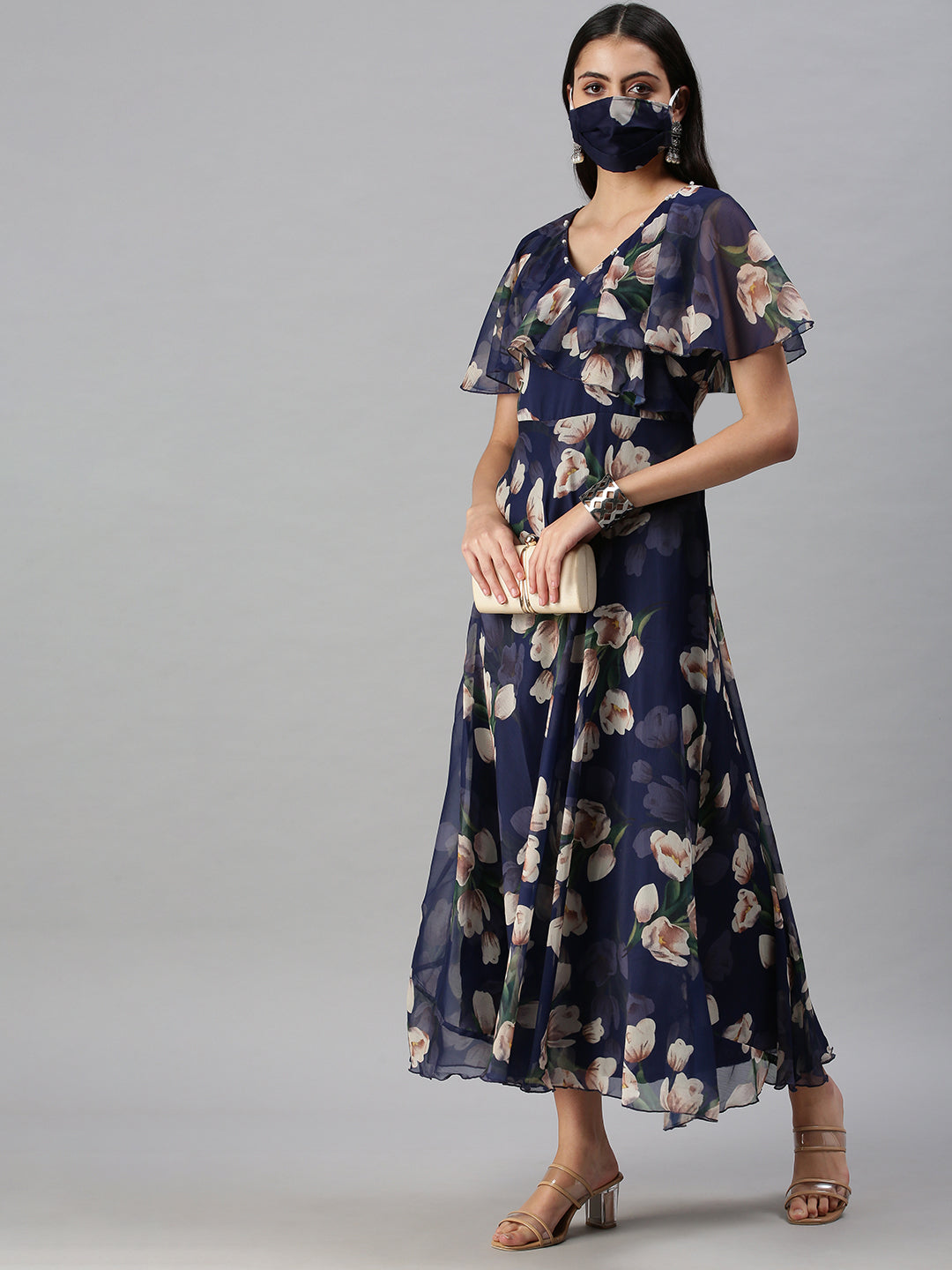 Women's Blue Floral Thread Work Anarkali Kurta