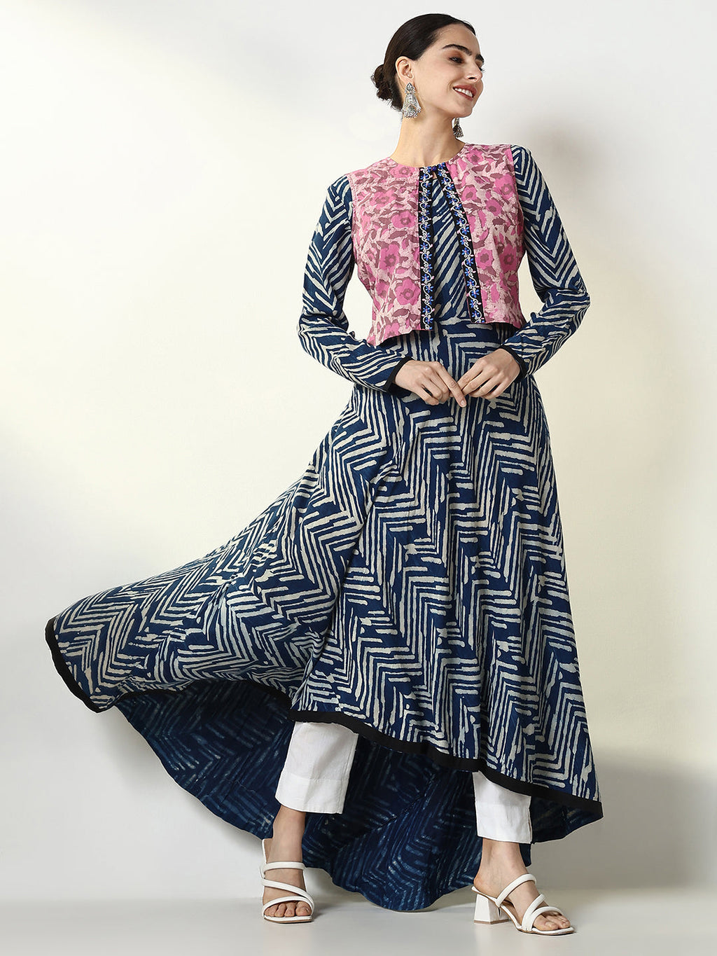 Women's Blue Abstract Anarkali Kurta with Overcoat