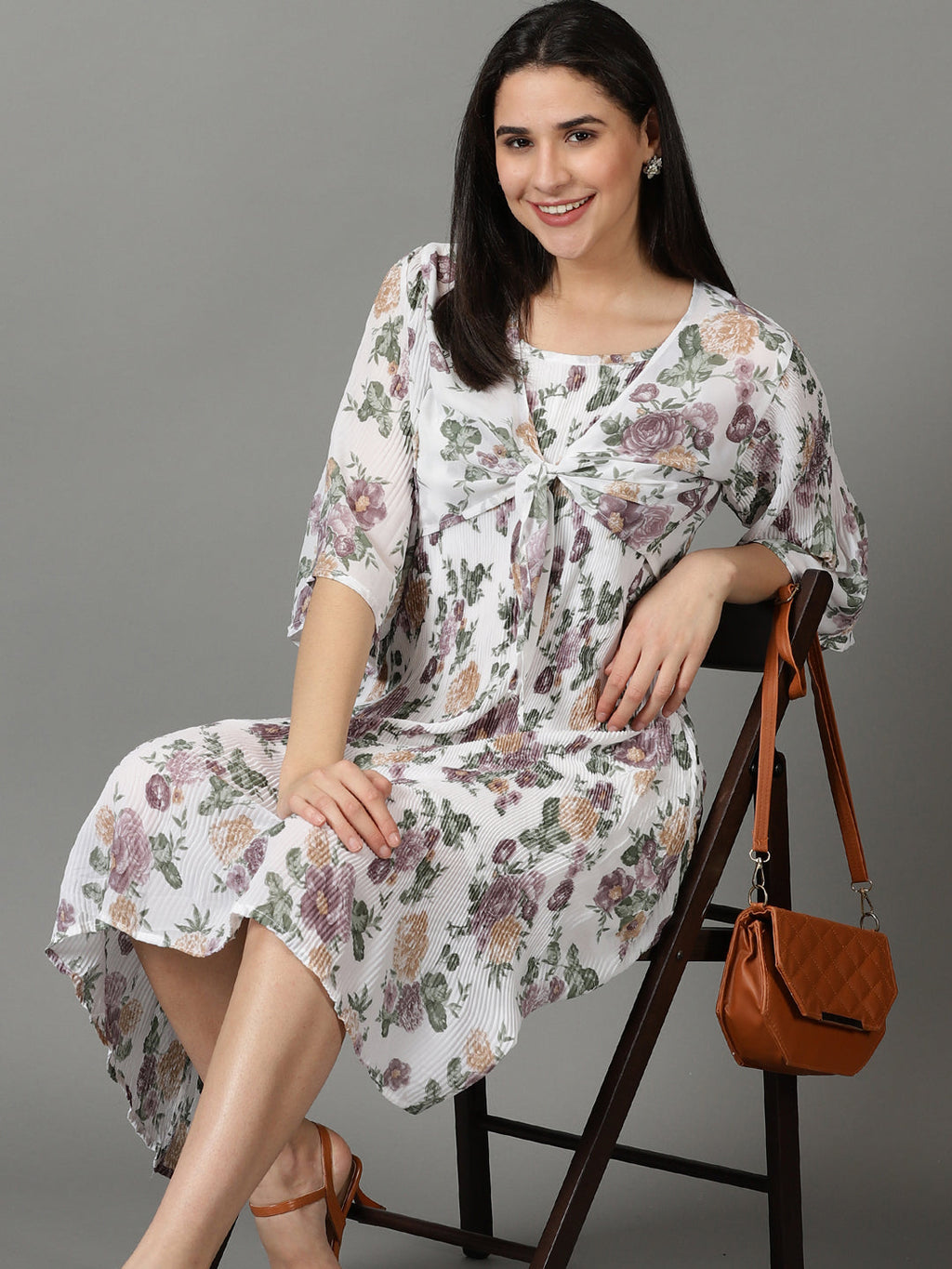Women's White Shoulder Straps Floral Printed Fit & Flare Dress With jacket