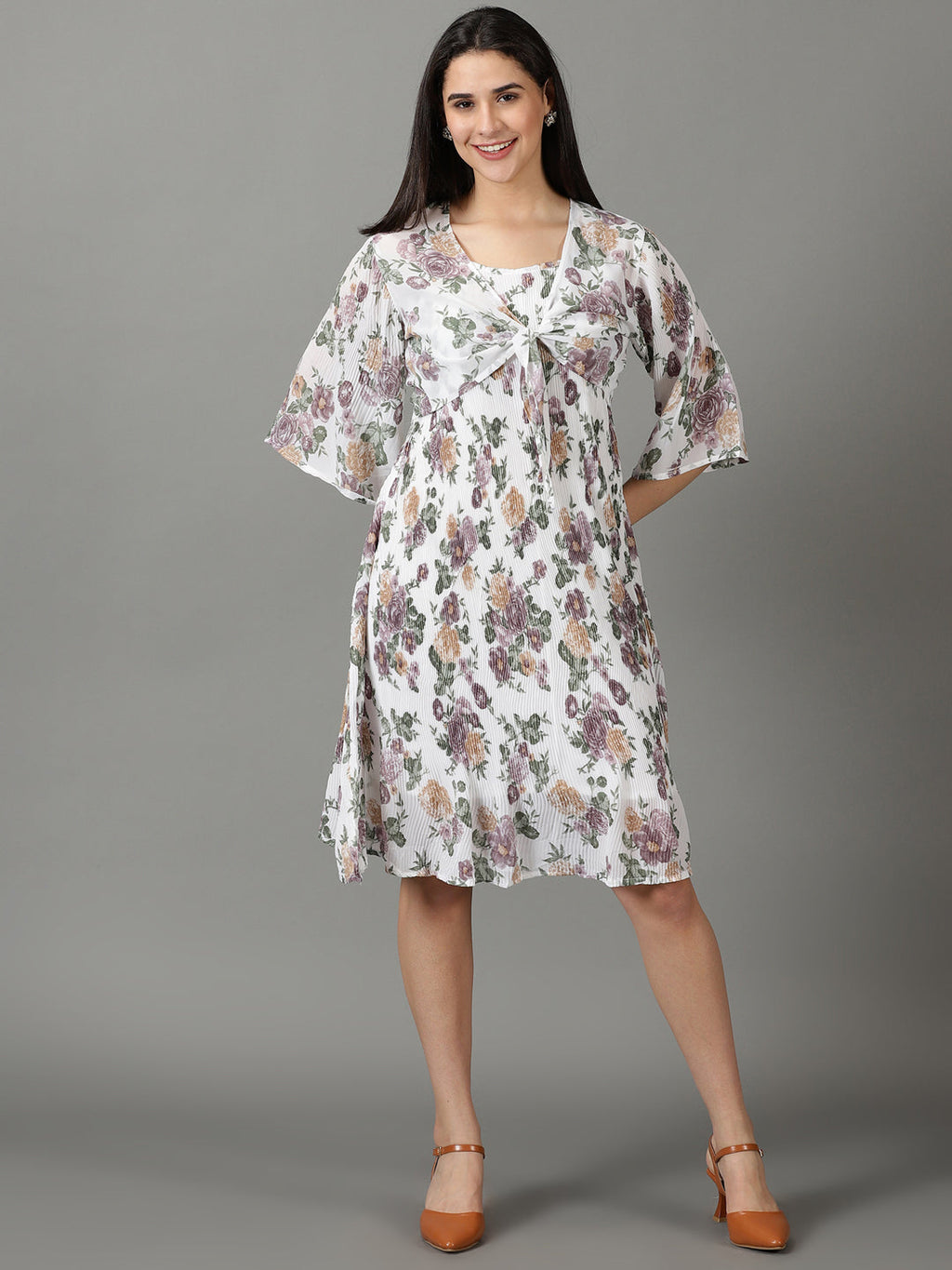 Women's White Shoulder Straps Floral Printed Fit & Flare Dress With jacket