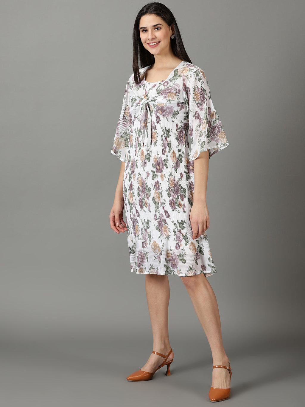 Women's White Shoulder Straps Floral Printed Fit & Flare Dress With jacket