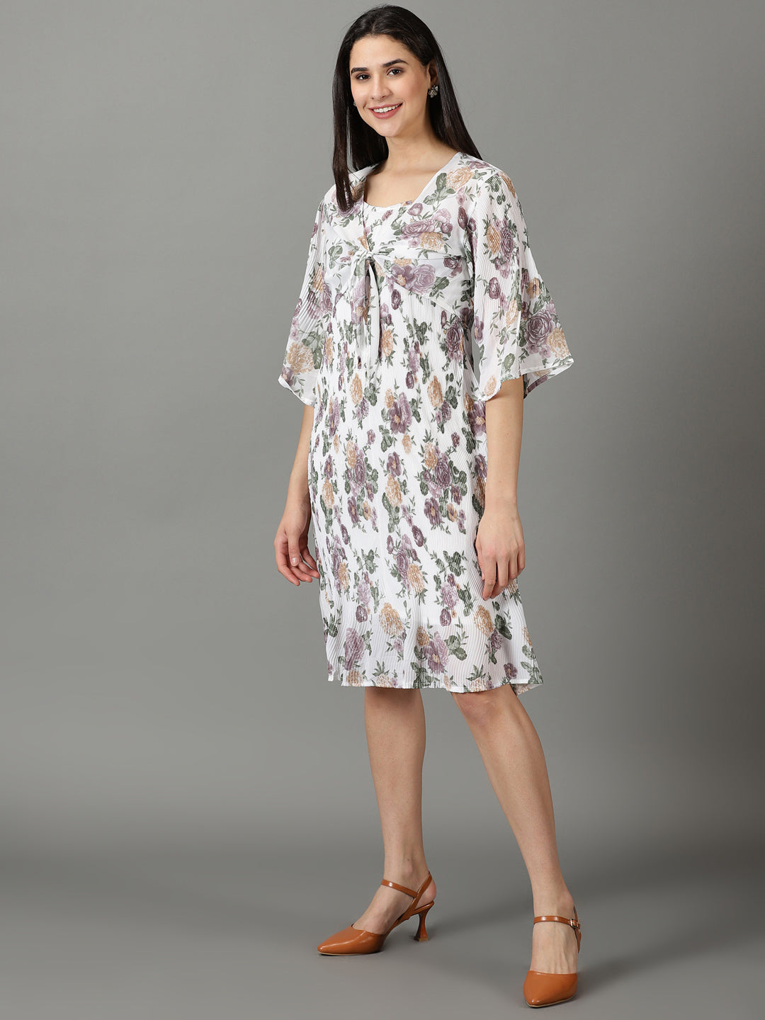 Women's White Shoulder Straps Floral Printed Fit & Flare Dress With jacket