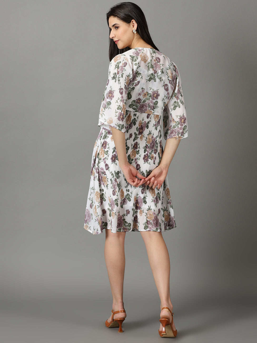 Women's White Shoulder Straps Floral Printed Fit & Flare Dress With jacket