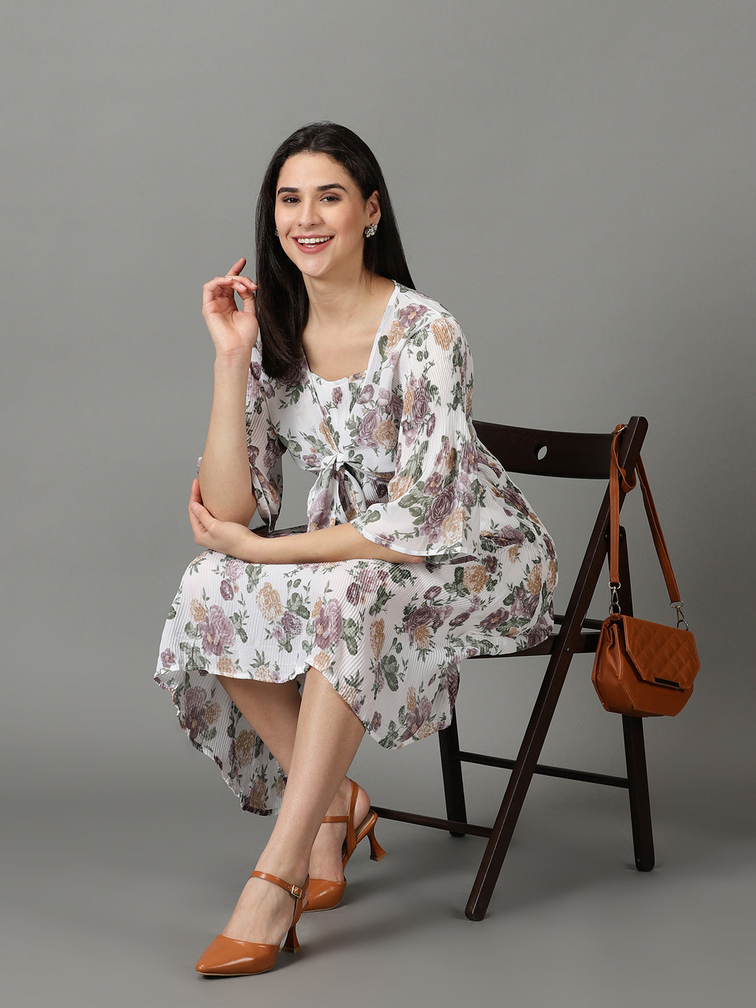 Women's White Shoulder Straps Floral Printed Fit & Flare Dress With jacket