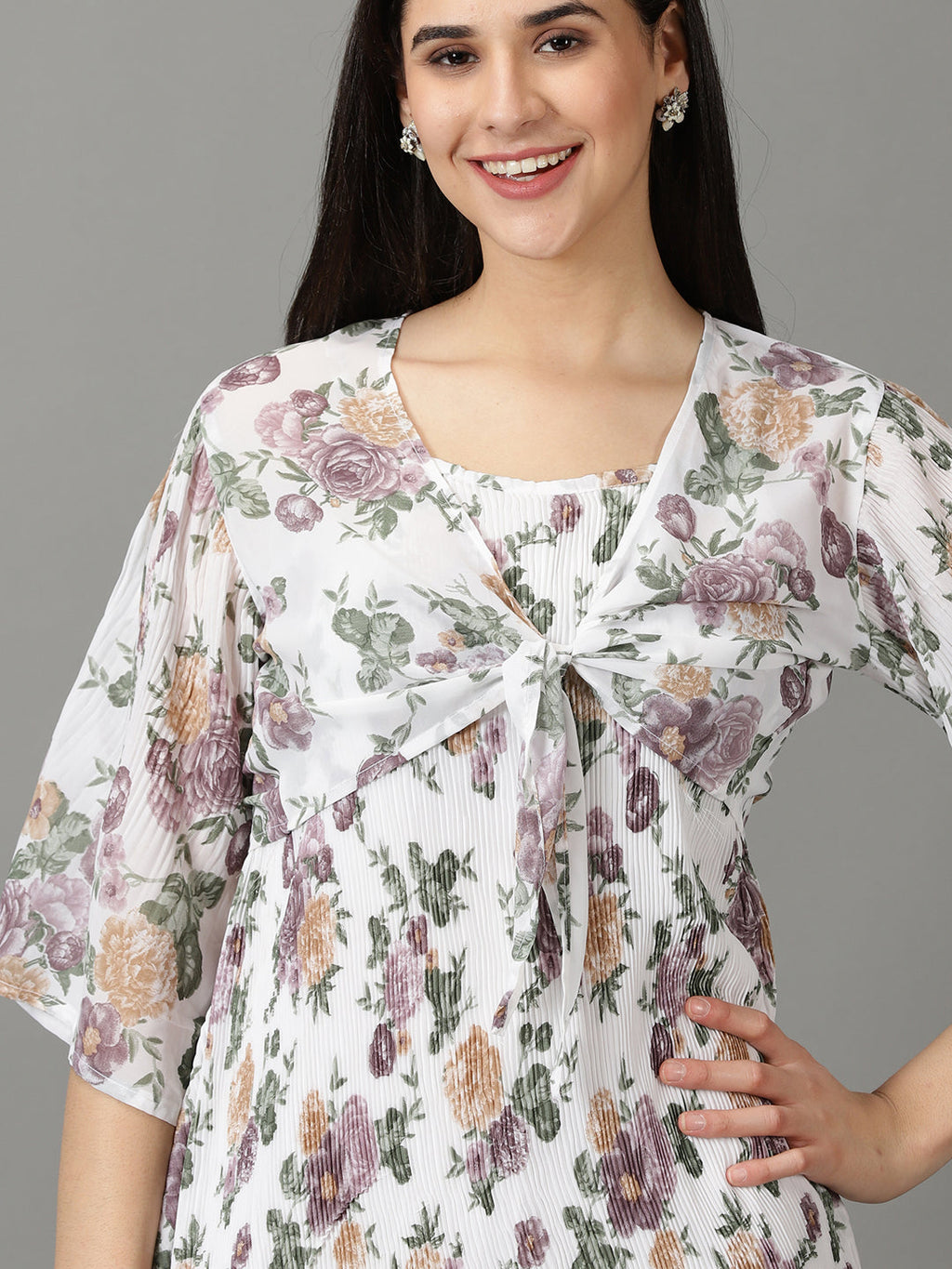 Women's White Shoulder Straps Floral Printed Fit & Flare Dress With jacket