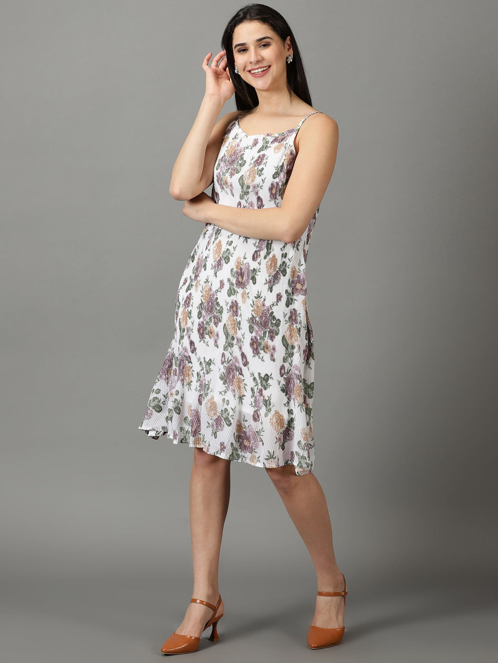 Women's White Shoulder Straps Floral Printed Fit & Flare Dress With jacket