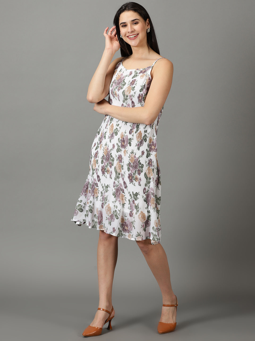 Women's White Shoulder Straps Floral Printed Fit & Flare Dress With jacket