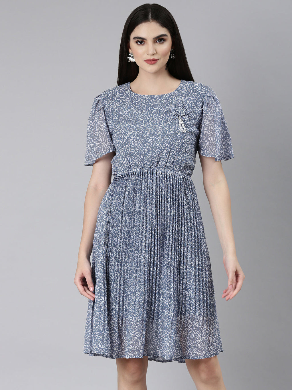 Women's Blue Floral Printed Puff Sleeves Accordion Pleated Georgette Fit & Flare Dress