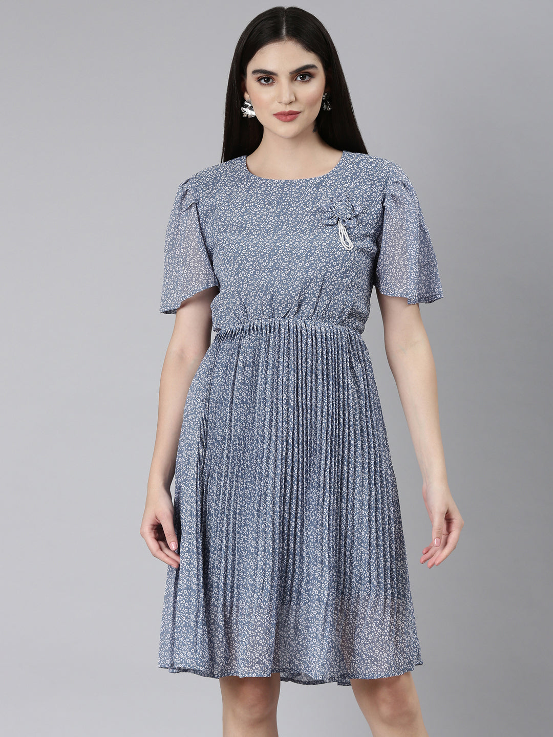 Women's Blue Floral Printed Puff Sleeves Accordion Pleated Georgette Fit & Flare Dress