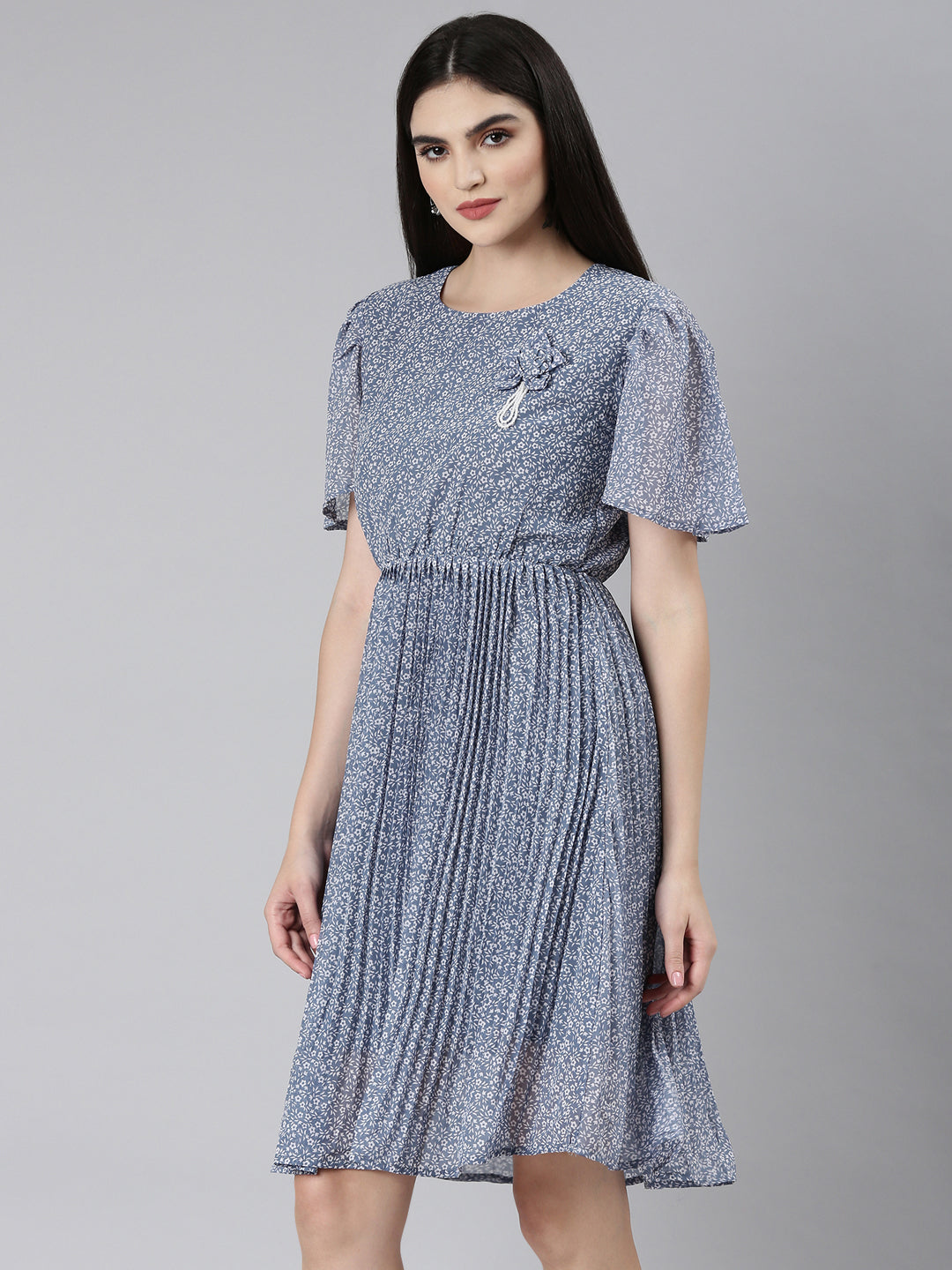 Women's Blue Floral Printed Puff Sleeves Accordion Pleated Georgette Fit & Flare Dress