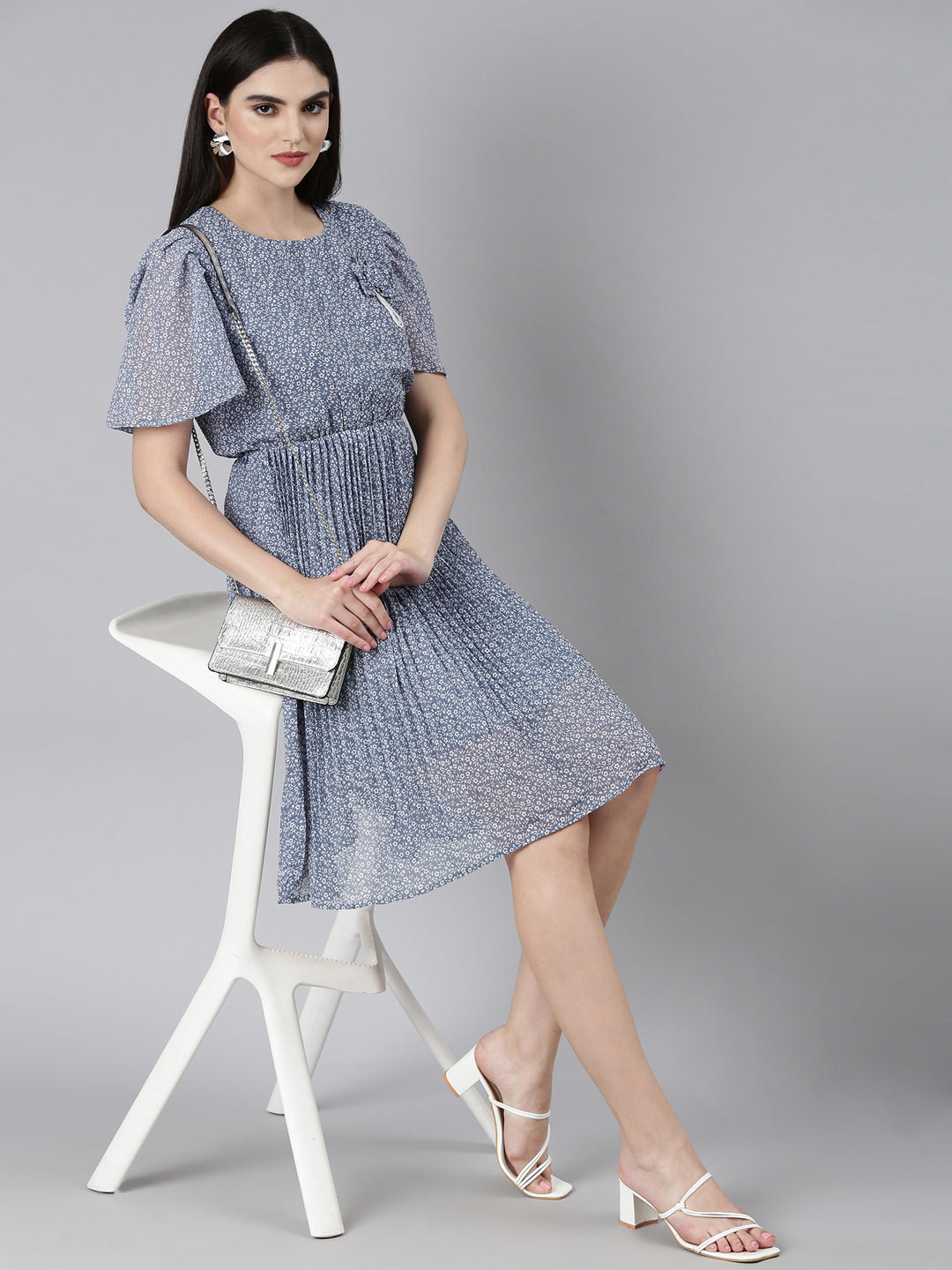 Women's Blue Floral Printed Puff Sleeves Accordion Pleated Georgette Fit & Flare Dress