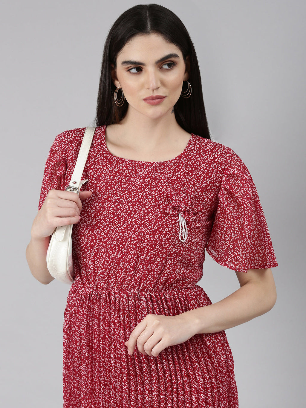 Women's Maroon Floral Printed Flared Sleeves Georgette Fit & Flare Dress