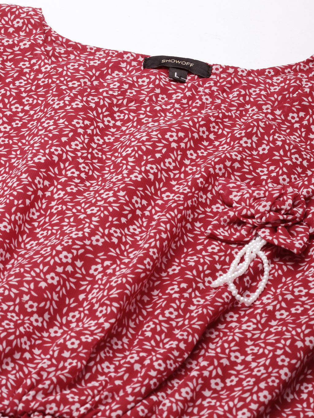 Women's Maroon Floral Printed Flared Sleeves Georgette Fit & Flare Dress