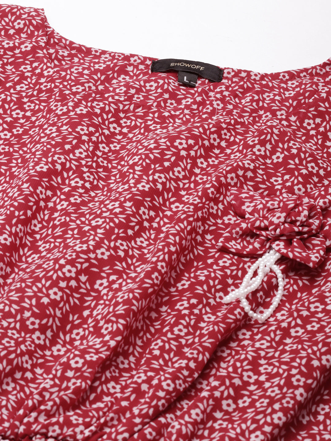 Women's Maroon Floral Printed Flared Sleeves Georgette Fit & Flare Dress