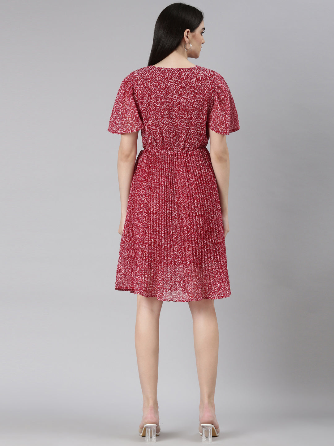 Women's Maroon Floral Printed Flared Sleeves Georgette Fit & Flare Dress