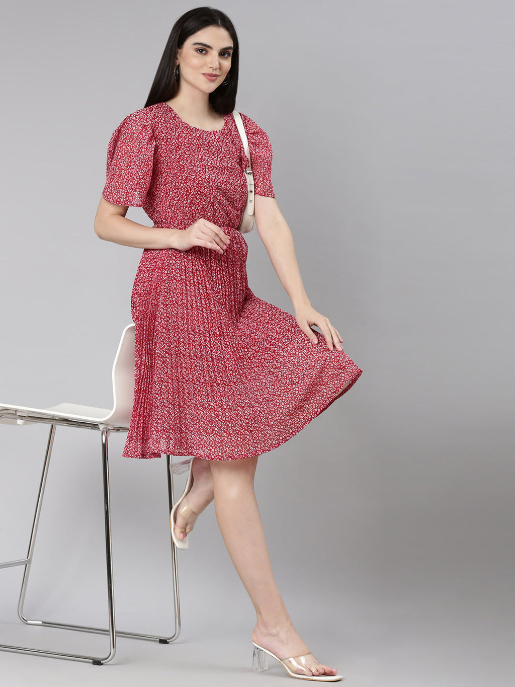 Women's Maroon Floral Printed Flared Sleeves Georgette Fit & Flare Dress