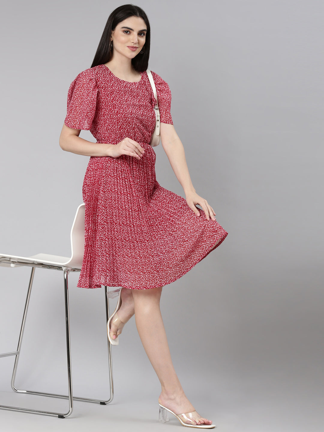 Women's Maroon Floral Printed Flared Sleeves Georgette Fit & Flare Dress