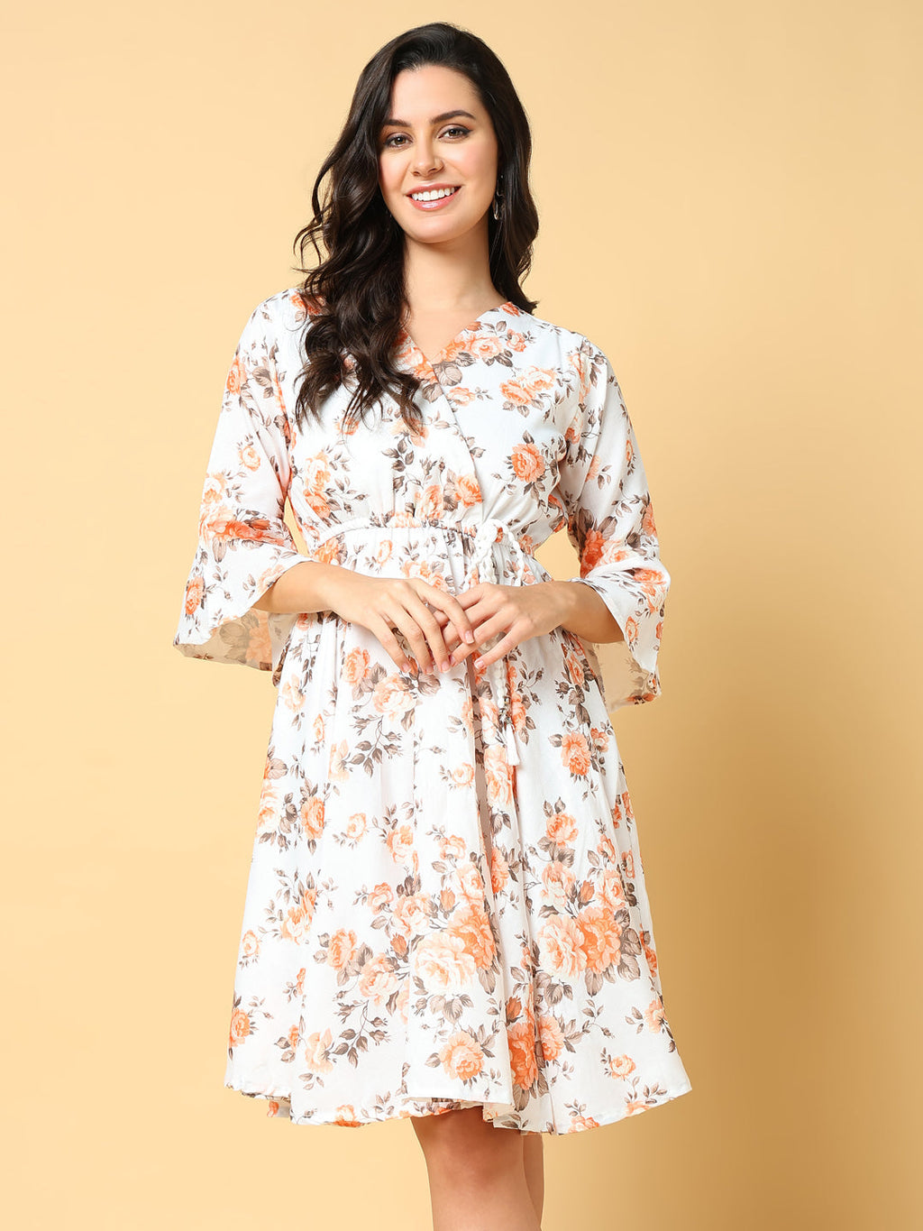 Women's Orange Floral Printed Bell Sleeve Fit & Flare Dress