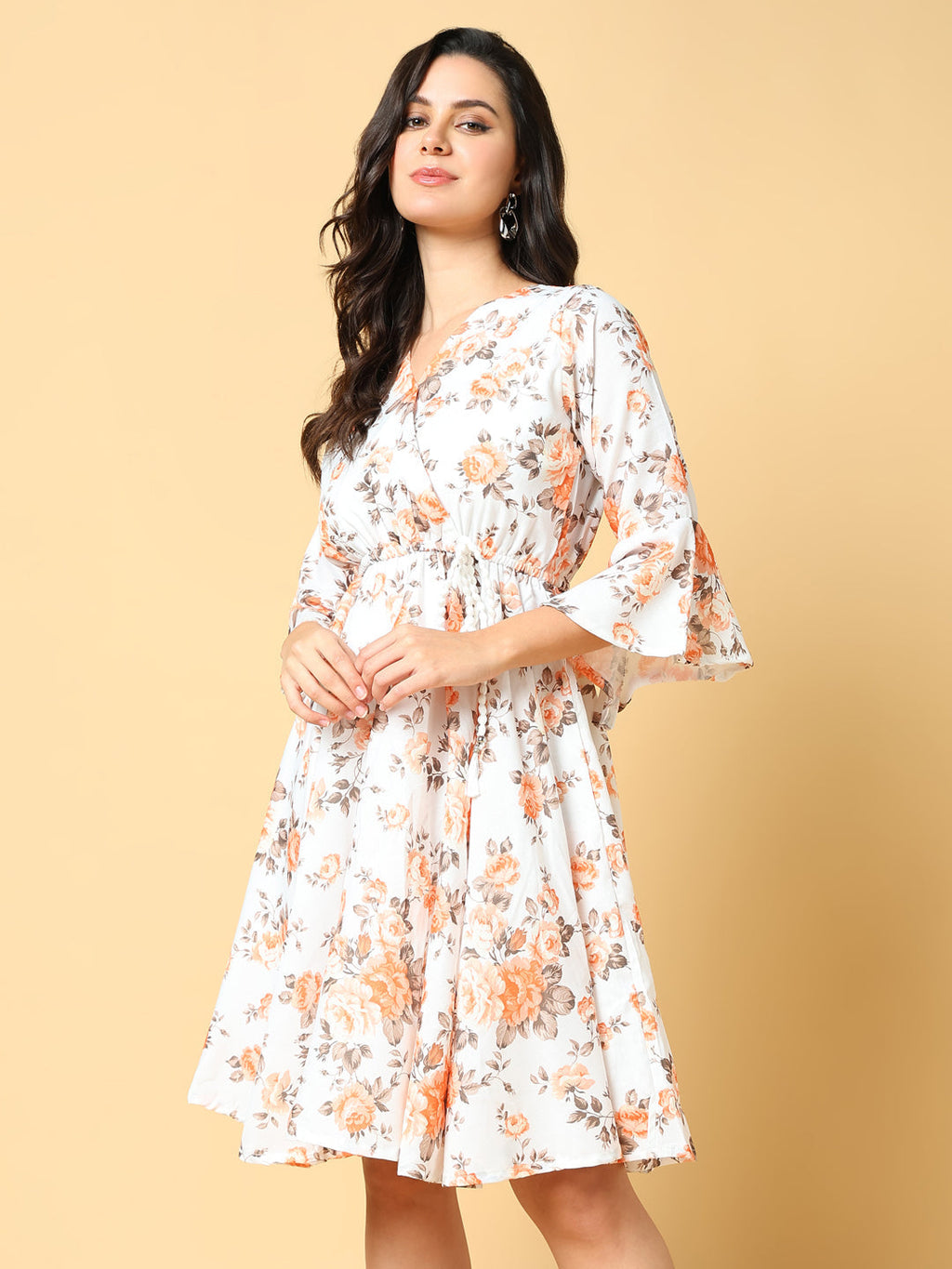 Women's Orange Floral Printed Bell Sleeve Fit & Flare Dress