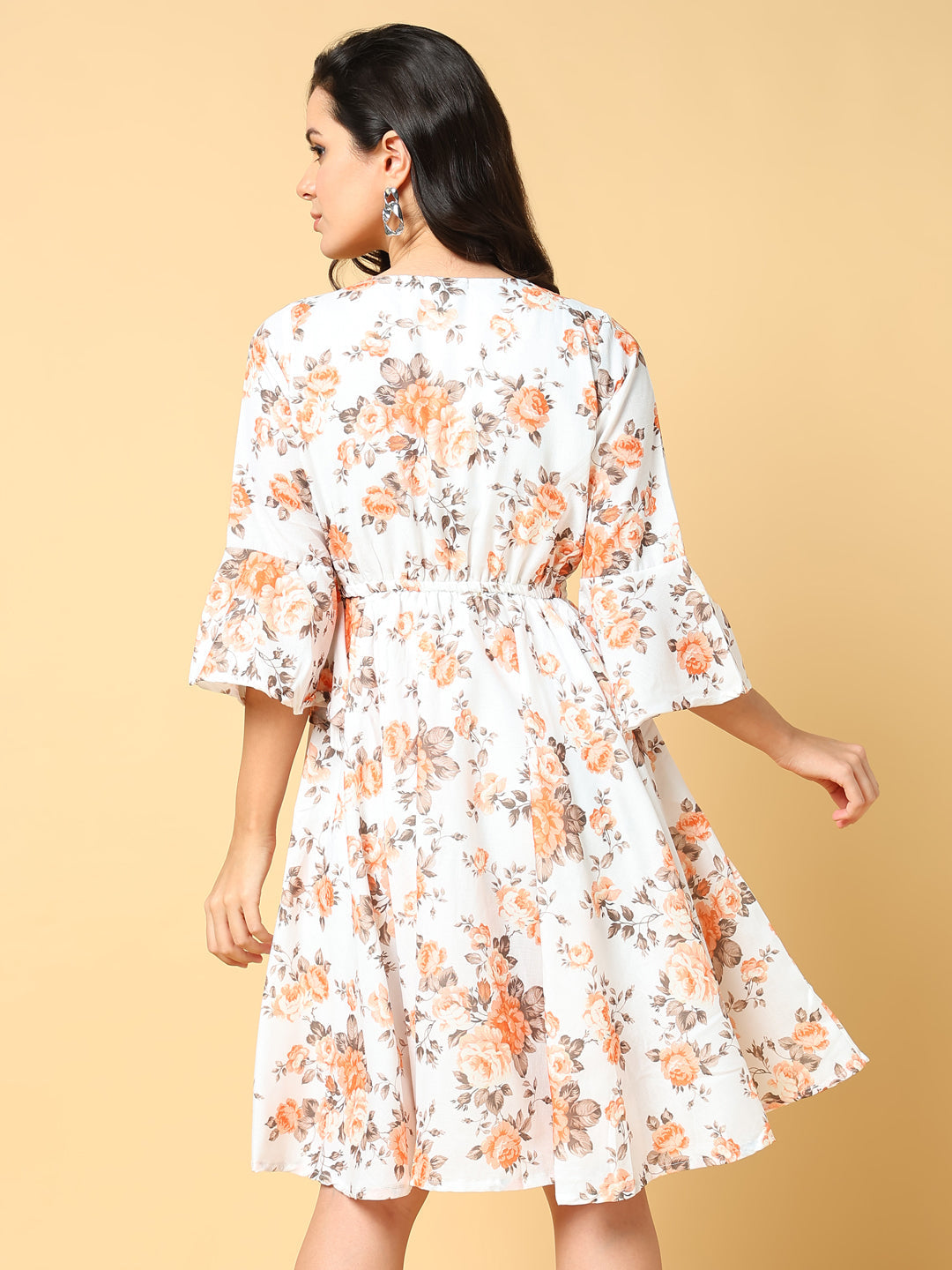 Women's Orange Floral Printed Bell Sleeve Fit & Flare Dress