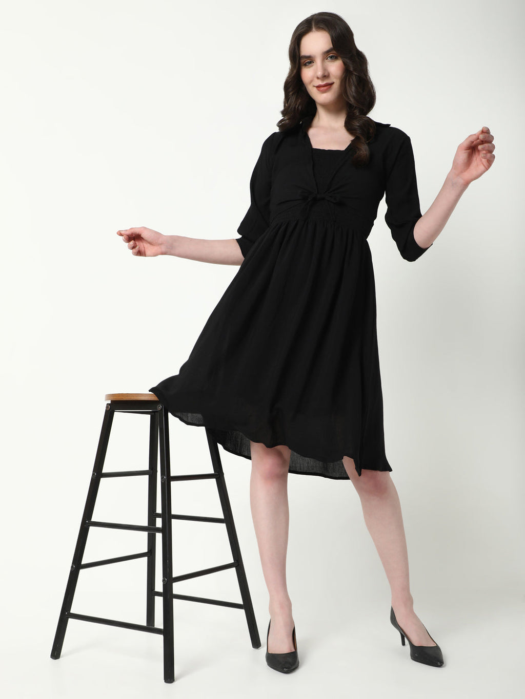 Women's Solid Black Flared Dress with shrug