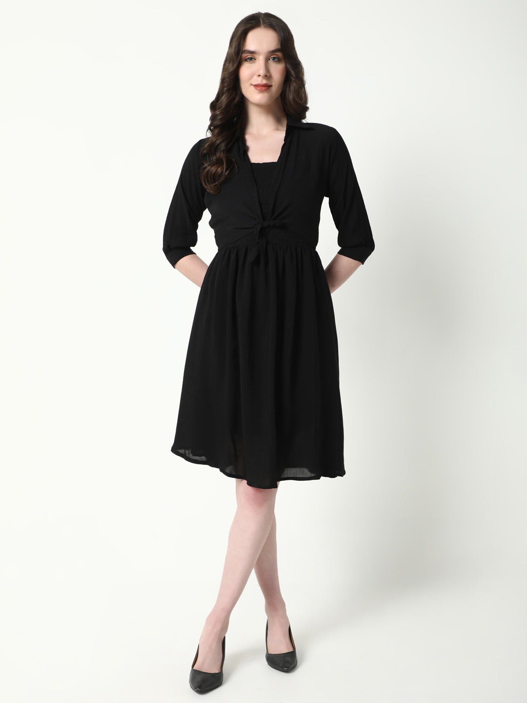 Women's Solid Black Flared Dress with shrug