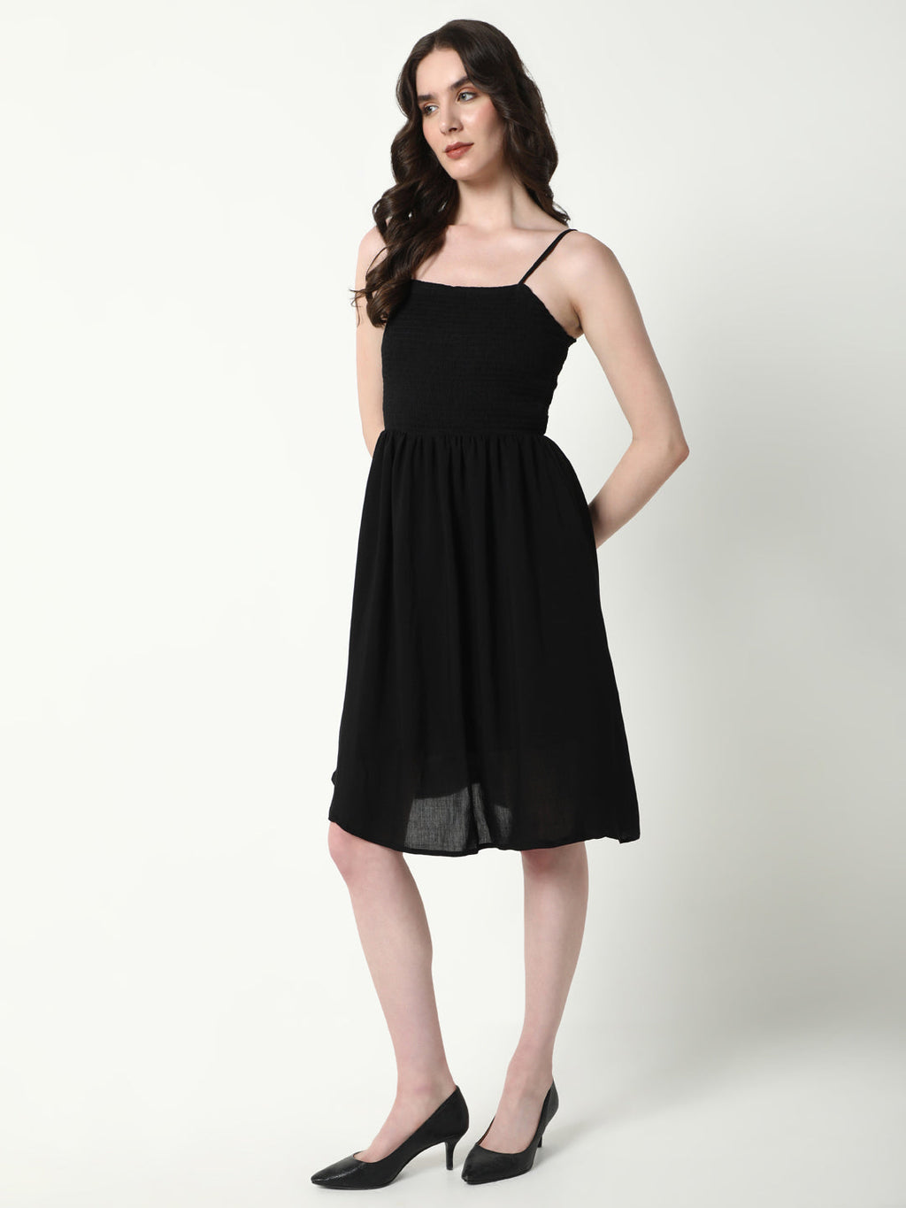 Women's Solid Black Flared Dress with shrug