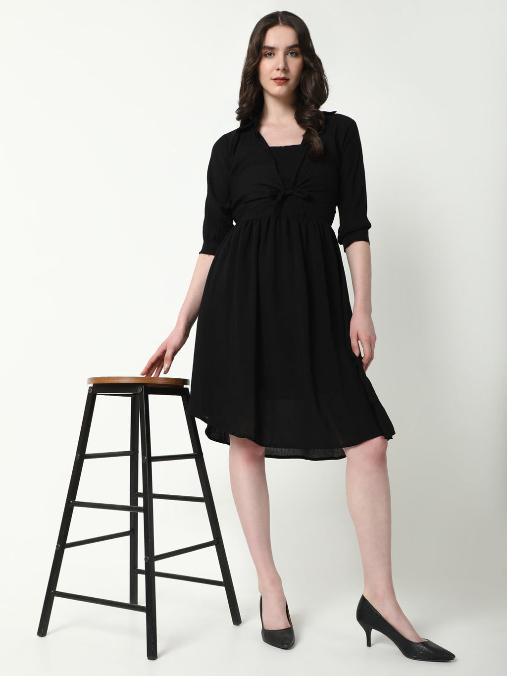 Women's Solid Black Flared Dress with shrug