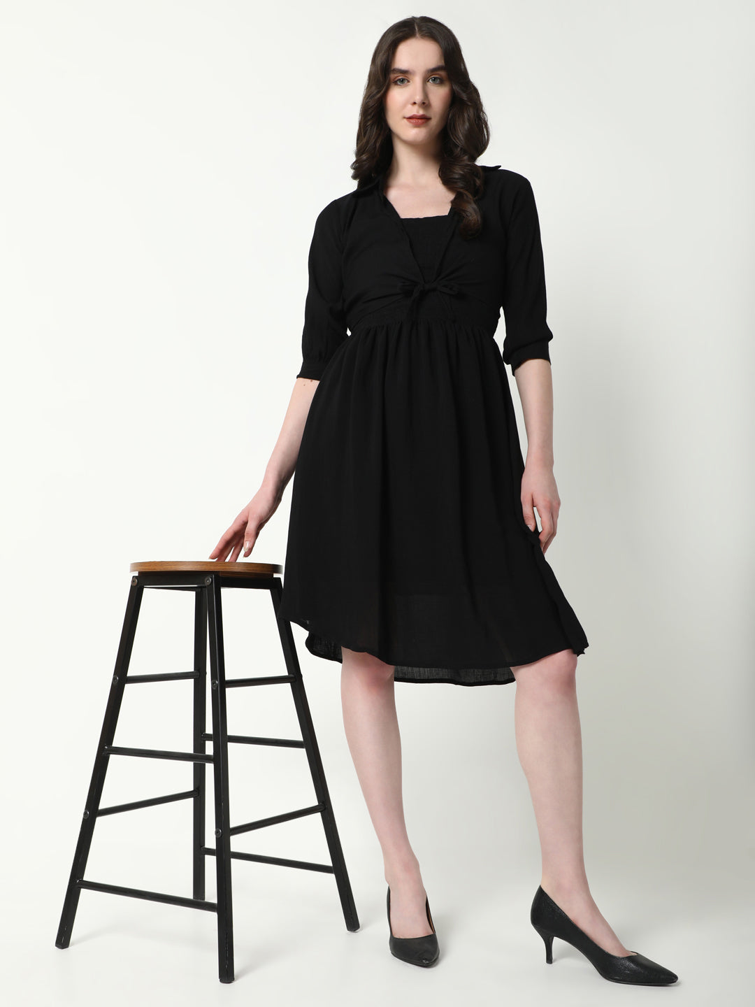 Women's Solid Black Flared Dress with shrug