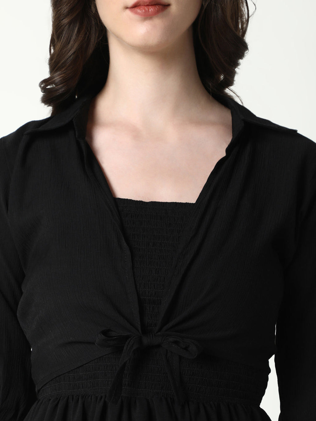 Women's Solid Black Flared Dress with shrug