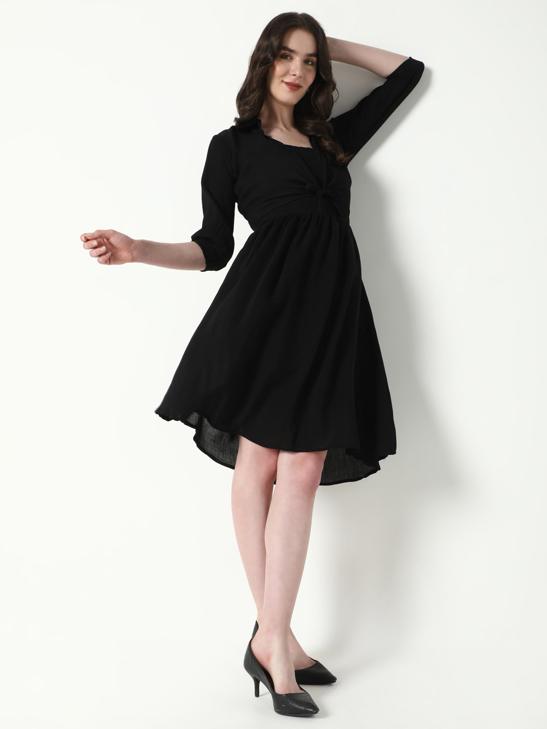 Women's Solid Black Flared Dress with shrug