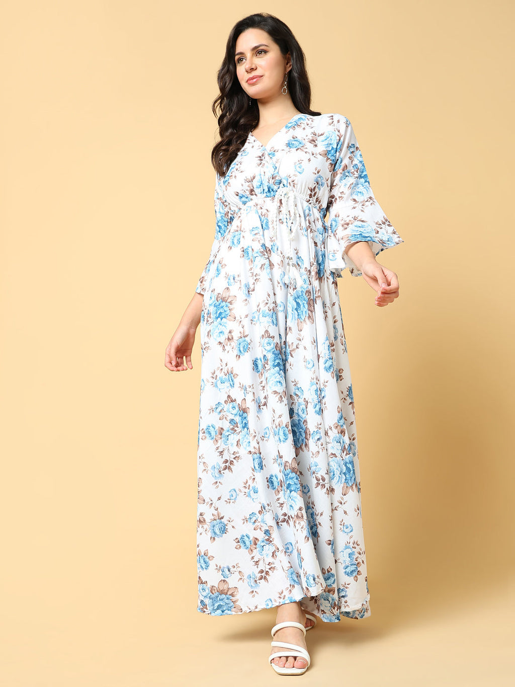 Women's Blue Floral Printed Bell Sleeve Cotton Fit & Flare Maxi Dress