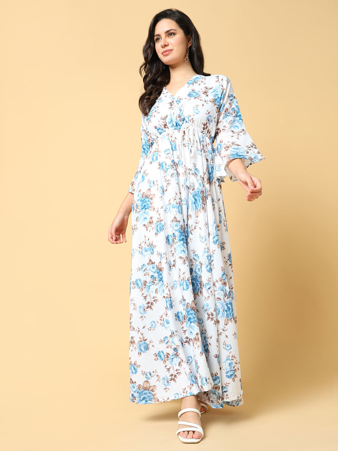 Women's Blue Floral Printed Bell Sleeve Cotton Fit & Flare Maxi Dress