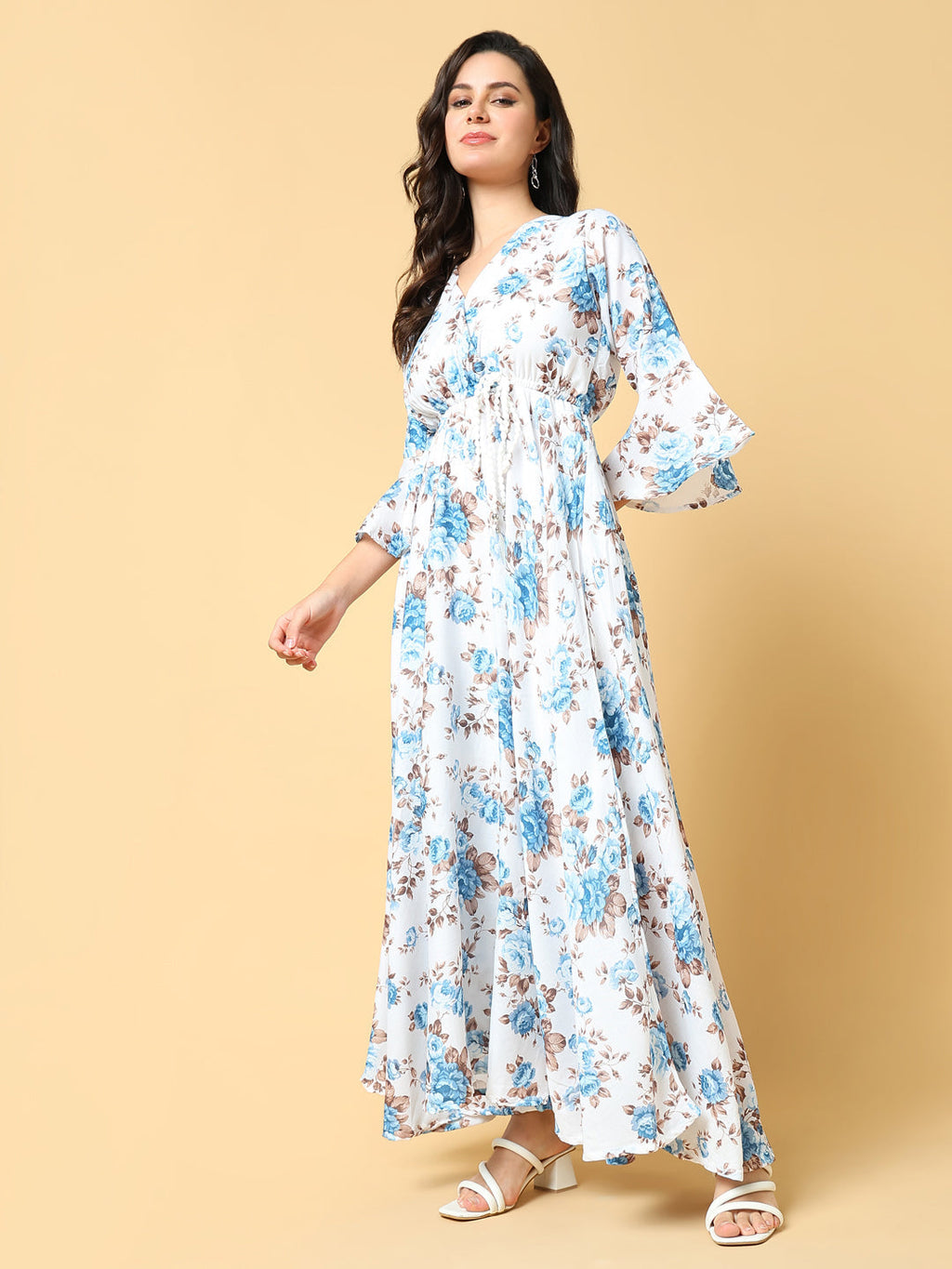 Women's Blue Floral Printed Bell Sleeve Cotton Fit & Flare Maxi Dress