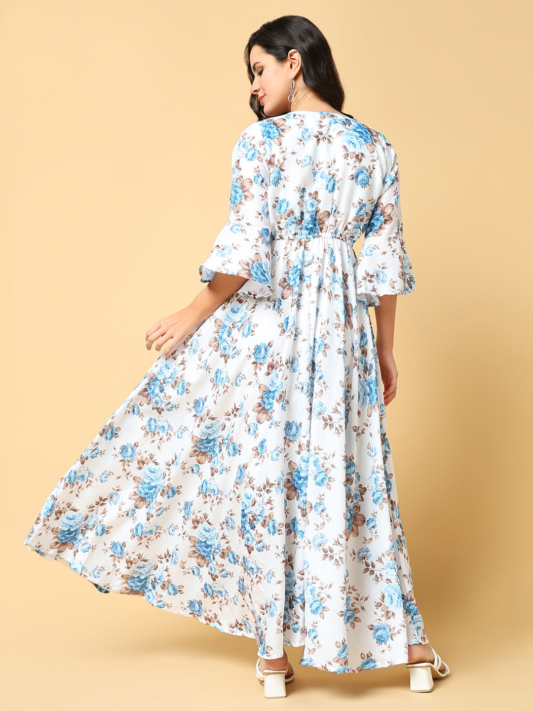 Women's Blue Floral Printed Bell Sleeve Cotton Fit & Flare Maxi Dress