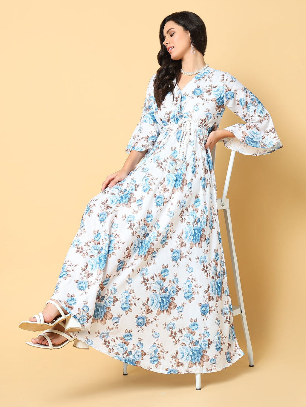 Women's Blue Floral Printed Bell Sleeve Cotton Fit & Flare Maxi Dress