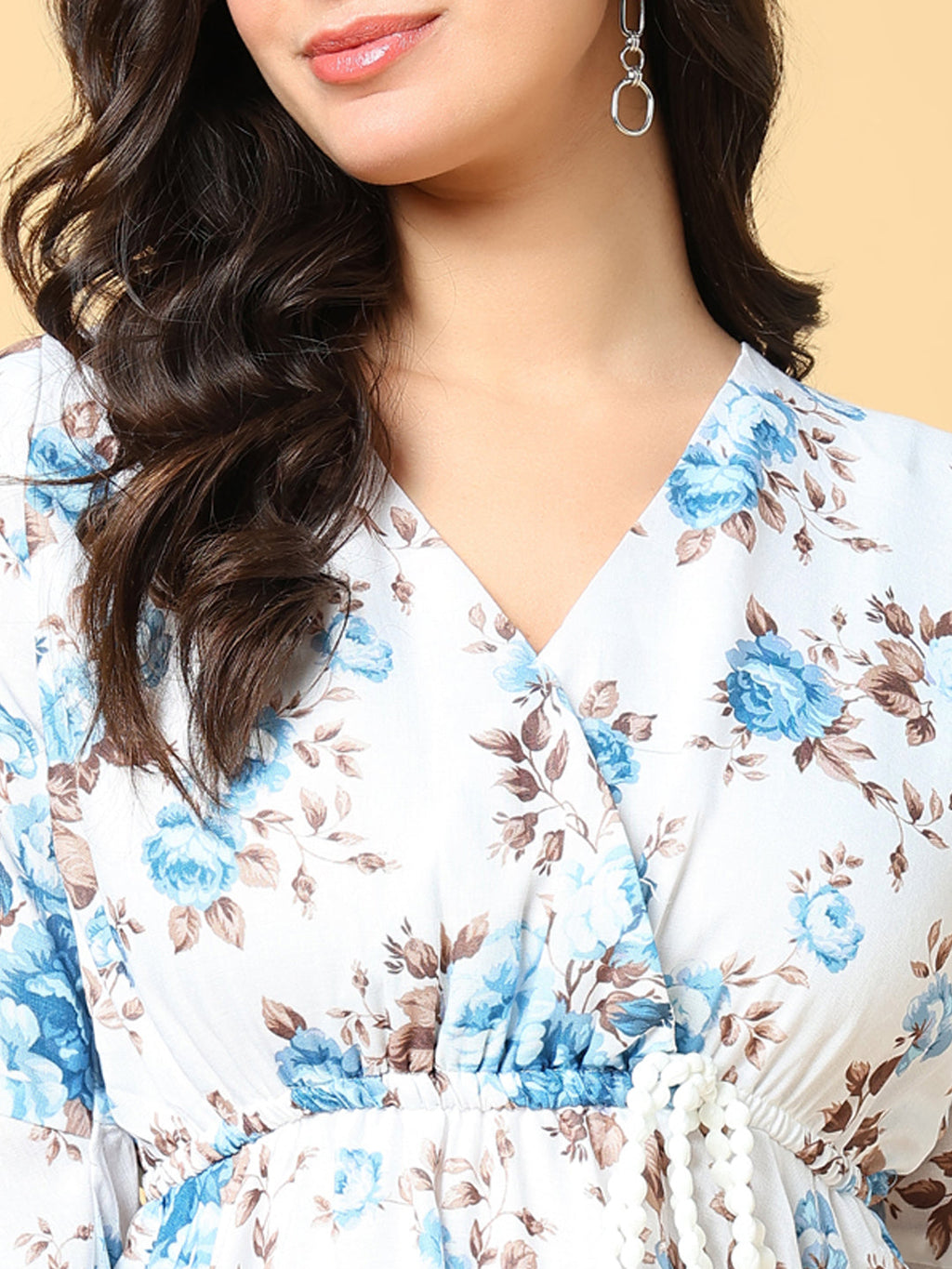 Women's Blue Floral Printed Bell Sleeve Cotton Fit & Flare Maxi Dress