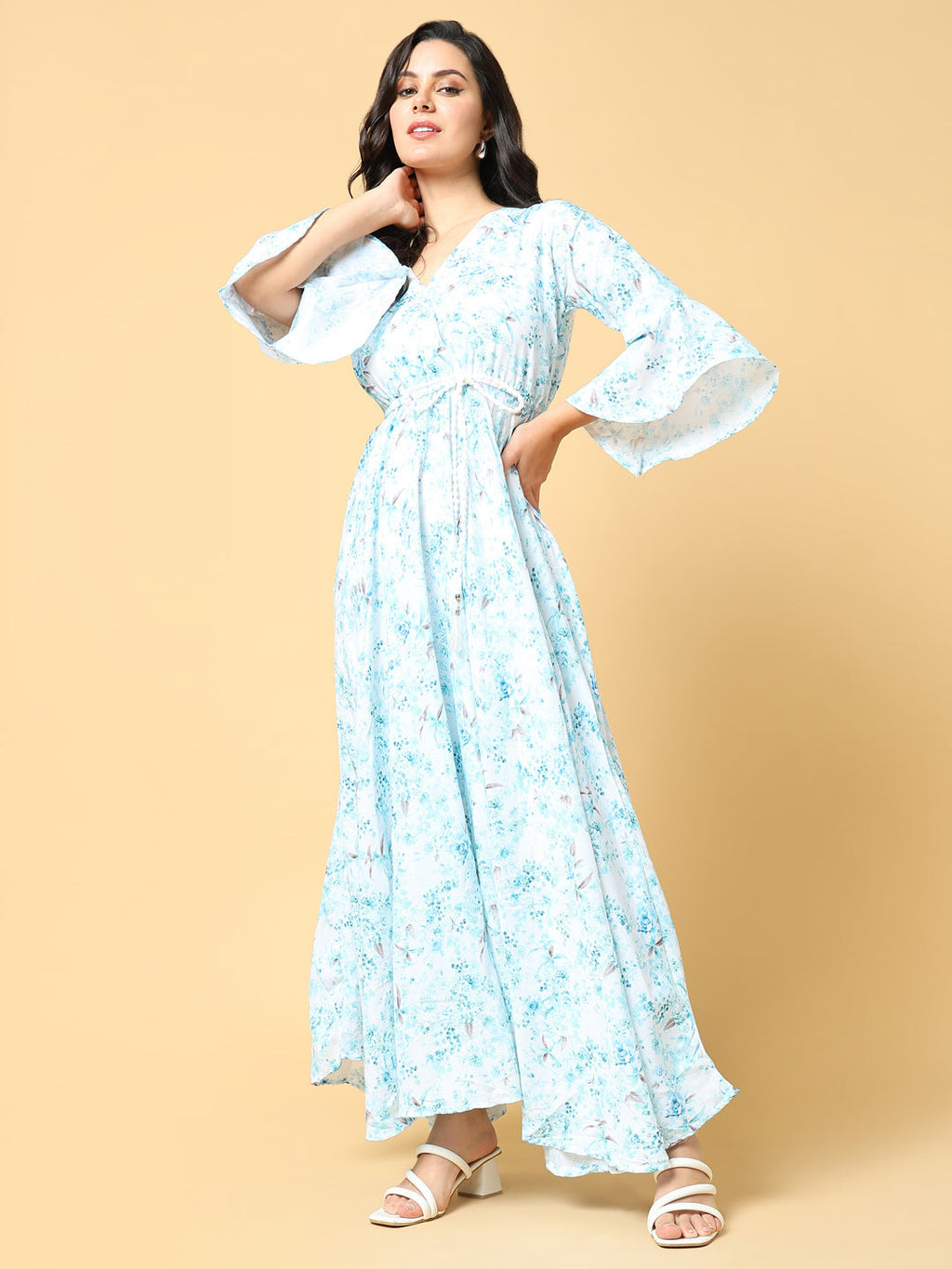 Women's Blue Floral Printed V-neck Bell Sleeve Fit & Flare Maxi Dress