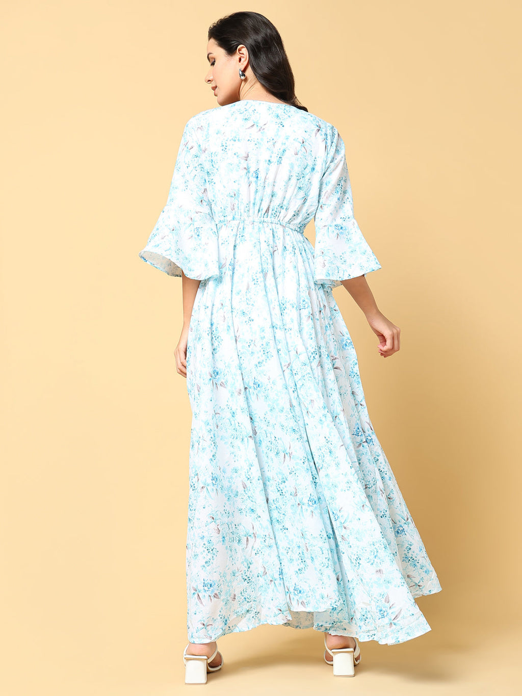 Women's Blue Floral Printed V-neck Bell Sleeve Fit & Flare Maxi Dress