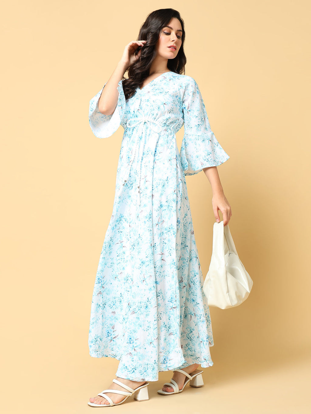 Women's Blue Floral Printed V-neck Bell Sleeve Fit & Flare Maxi Dress