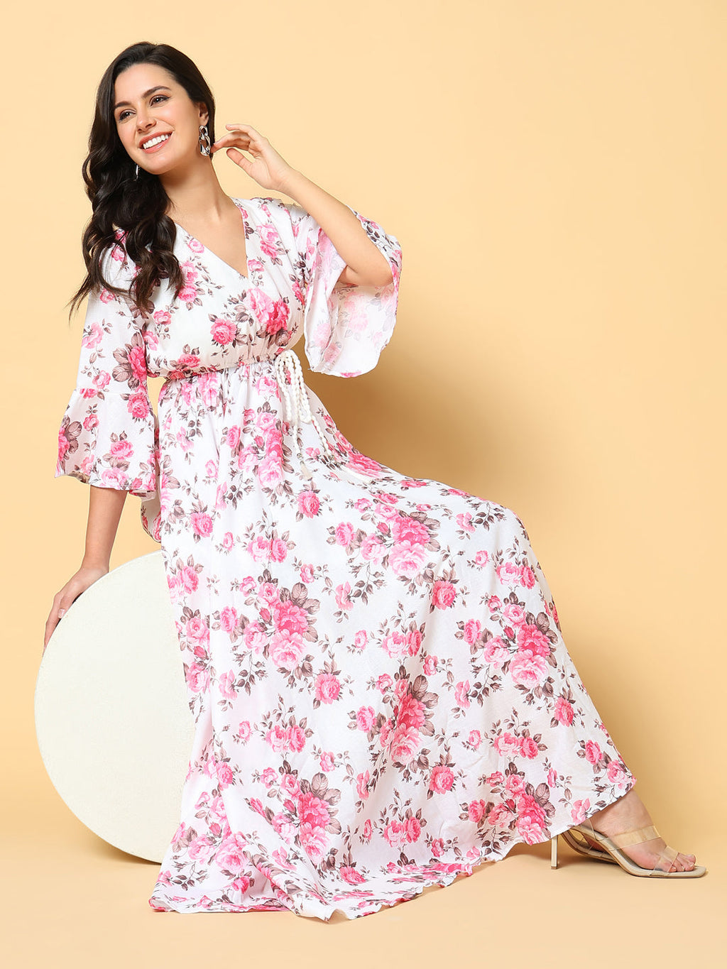 Women's Pink Floral Printed Bell Sleeve Fit & Flare Maxi Dress